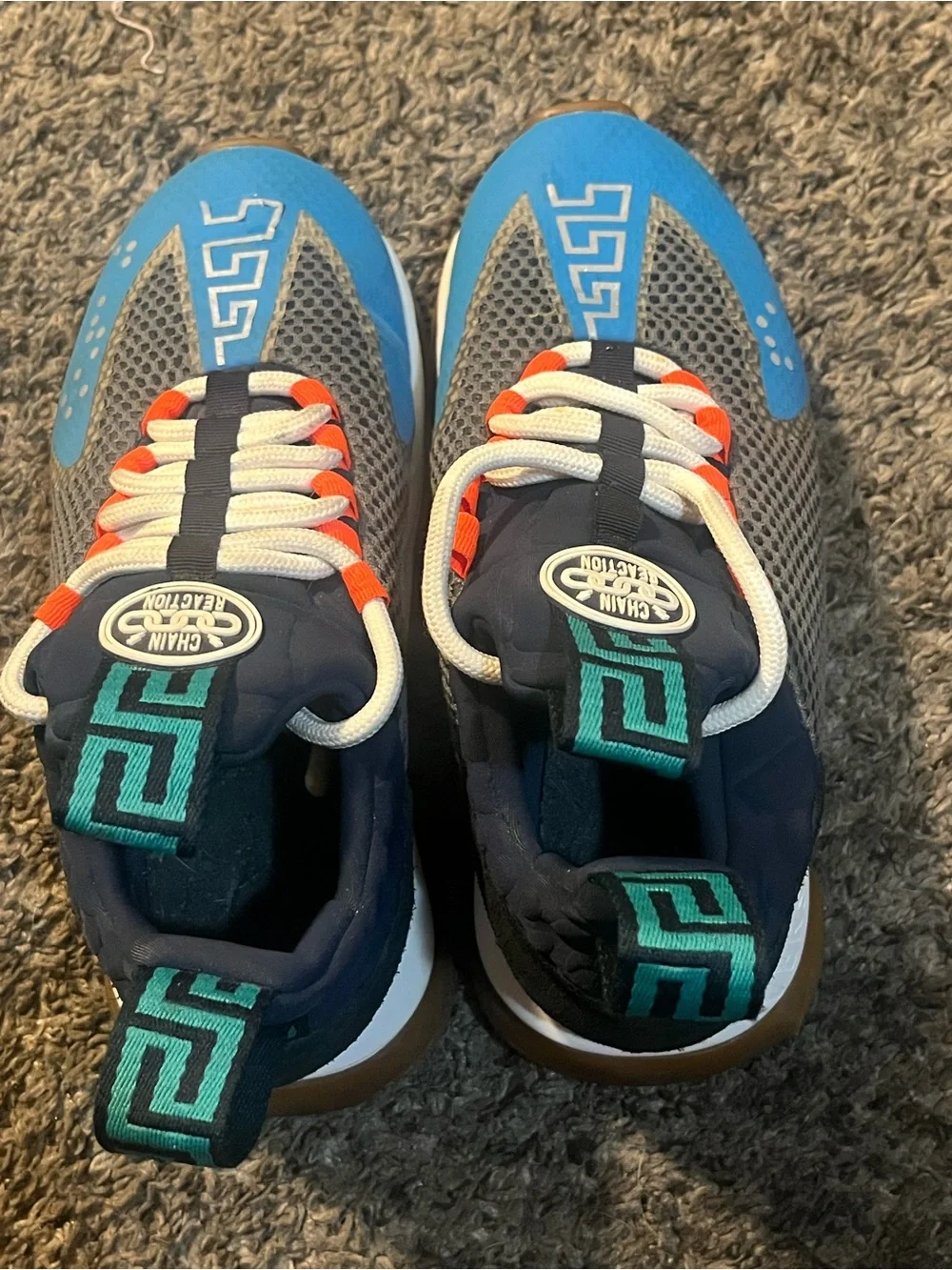 Versace Men’s Chain Reaction Sneakers in Blue, Gray & Red with Teal Accents